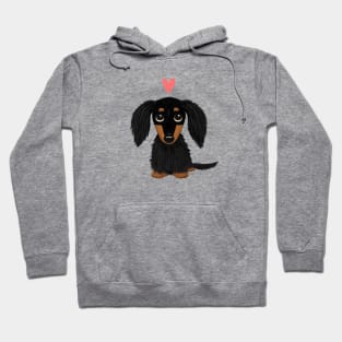Black and Tan Longhaired Dachshund Cartoon Dog with Heart Hoodie